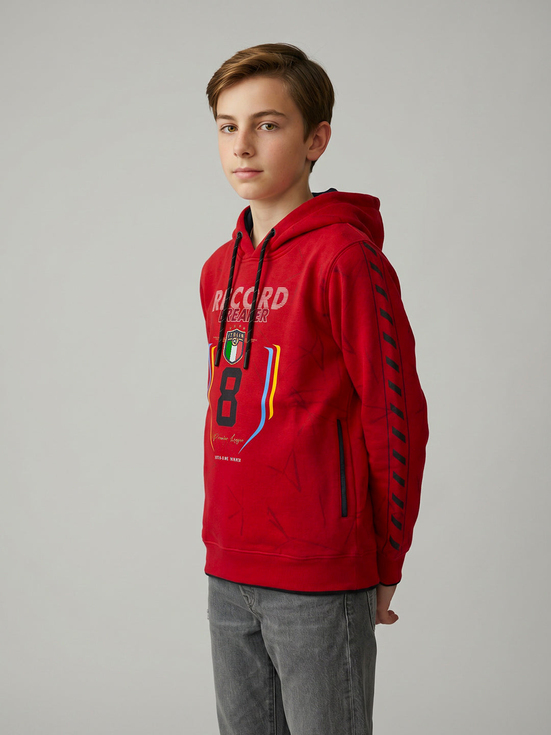 Boys Red Printed Hooded Full Sleeve Sweatshirt