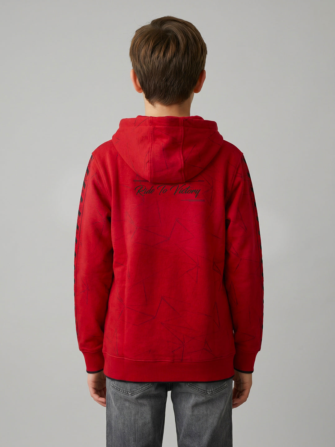 Boys Red Printed Hooded Full Sleeve Sweatshirt