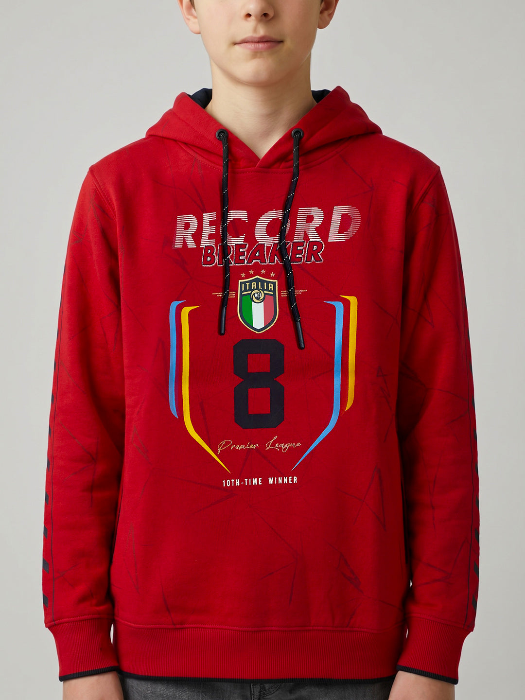 Boys Red Printed Hooded Full Sleeve Sweatshirt