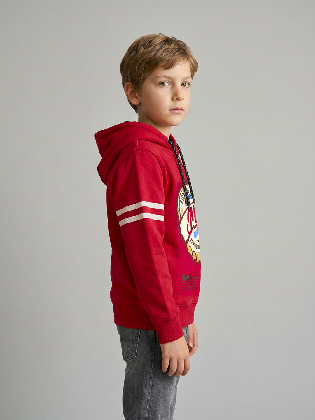 Boys Red Printed Hooded Full Sleeve Sweatshirt