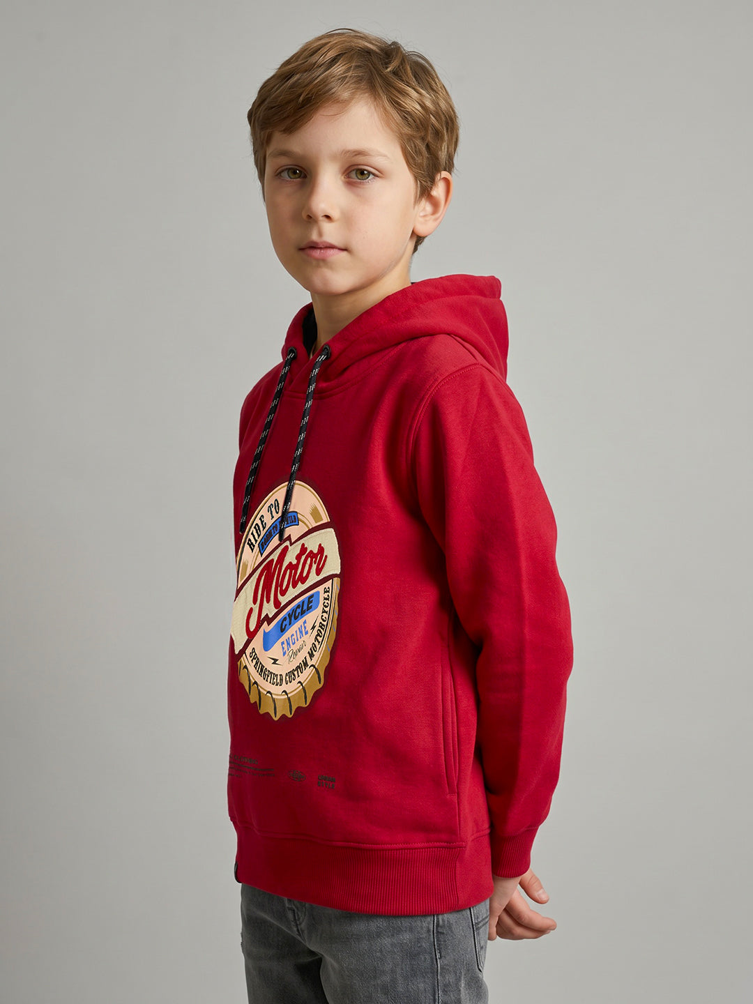 Boys Red Printed Hooded Full Sleeve Sweatshirt