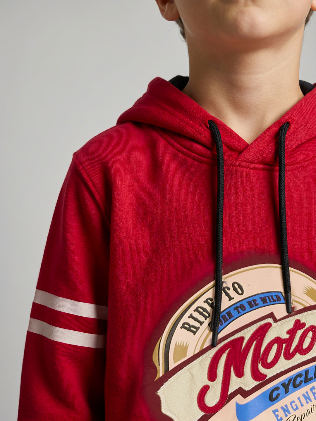 Boys Red Printed Hooded Full Sleeve Sweatshirt