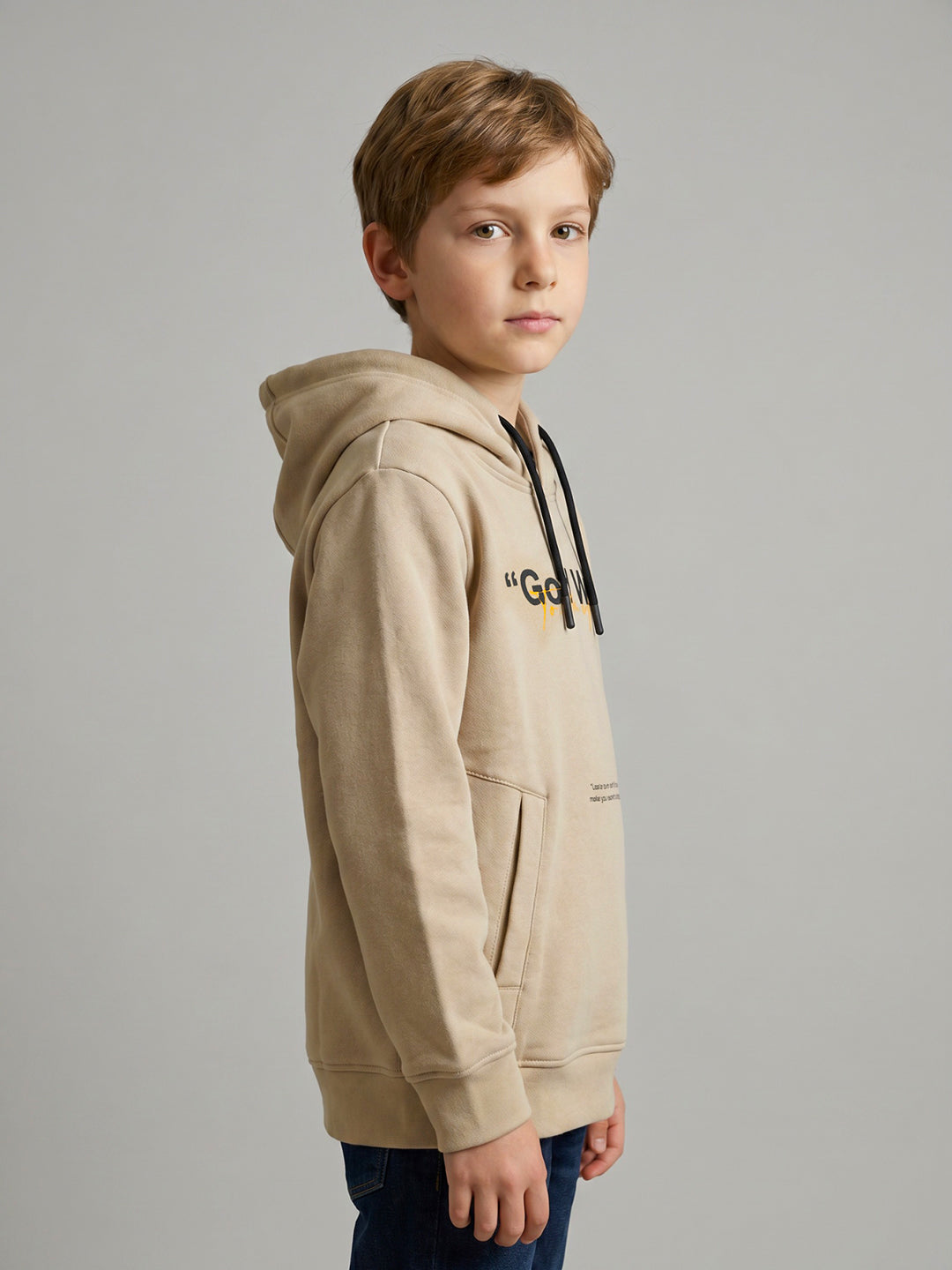 Boys Beige Back Printed Hooded Full Sleeve Sweatshirt