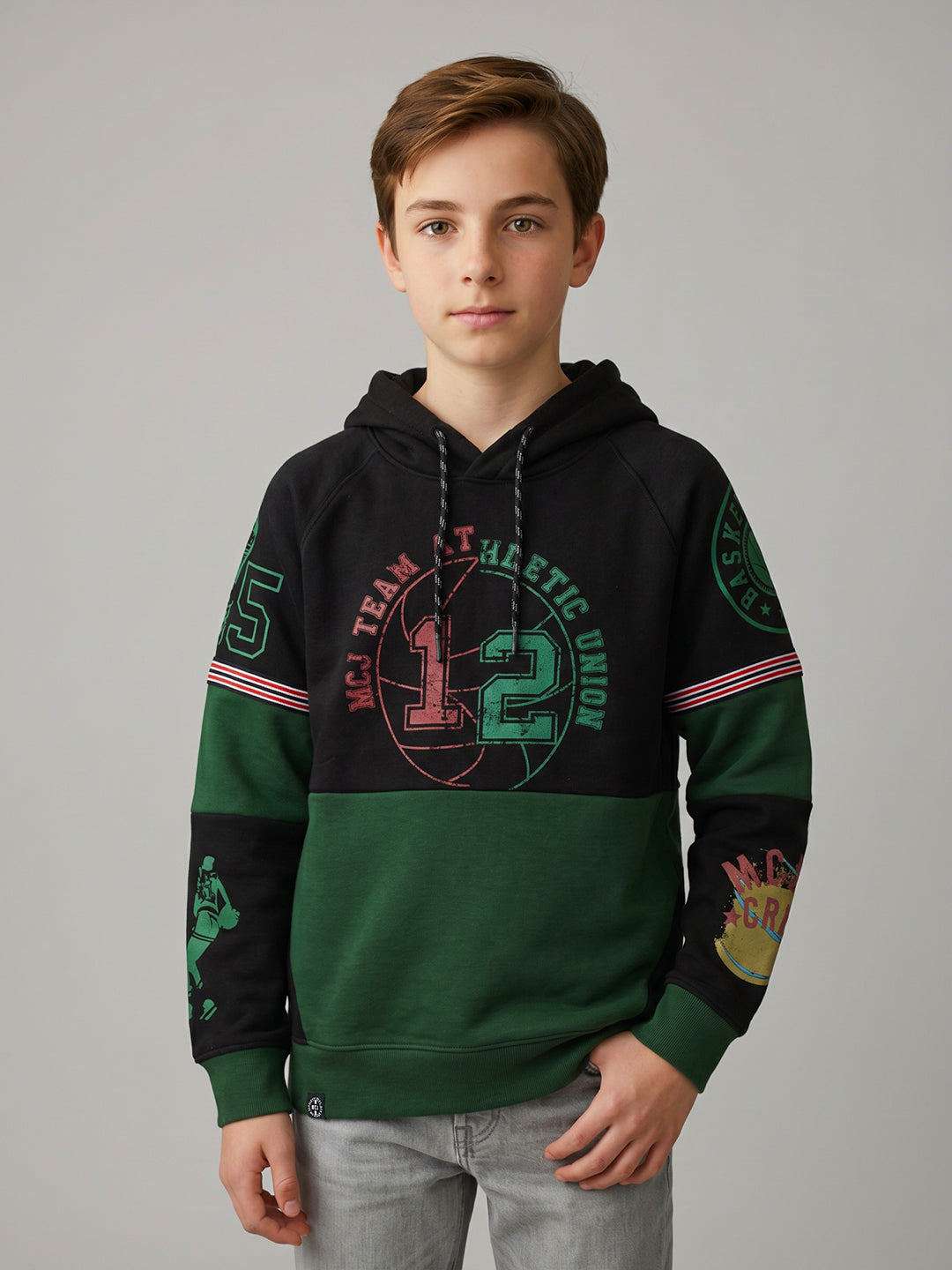 Boys Green Printed Hooded Full Sleeve Sweatshirt