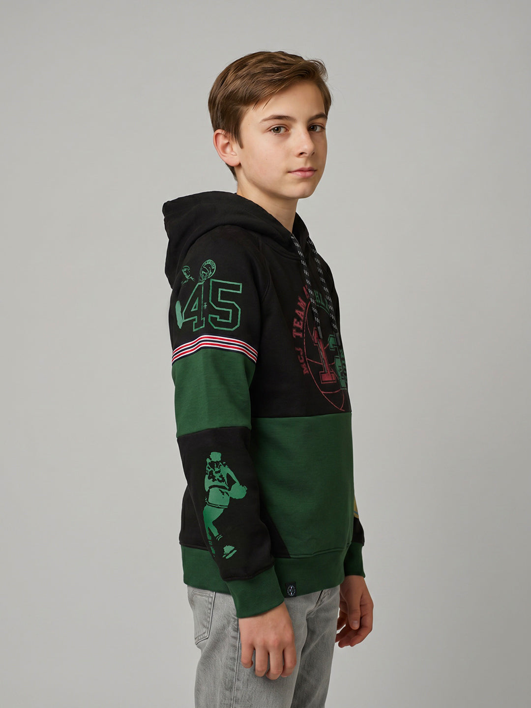 Boys Green Printed Hooded Full Sleeve Sweatshirt