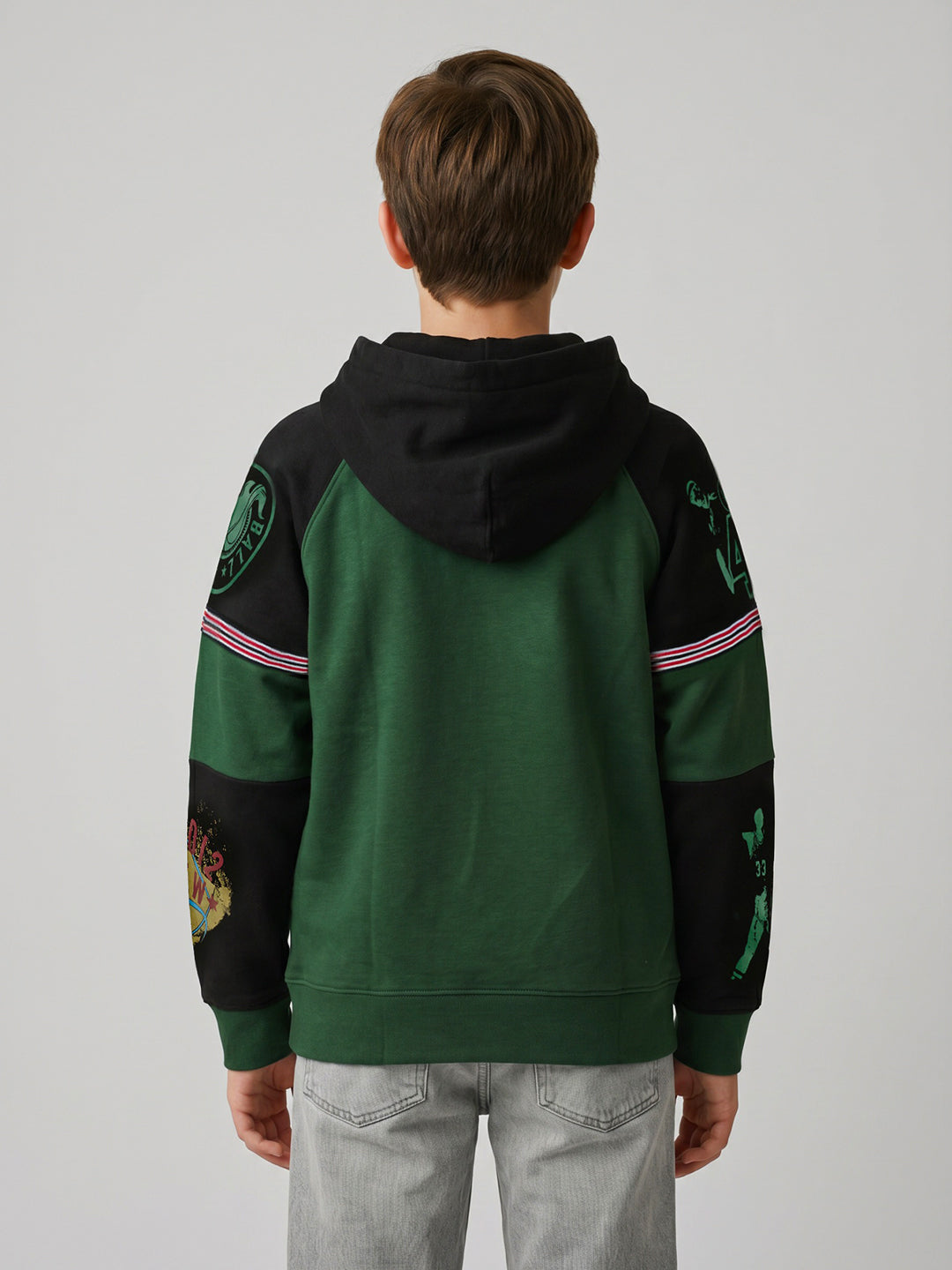 Boys Green Printed Hooded Full Sleeve Sweatshirt