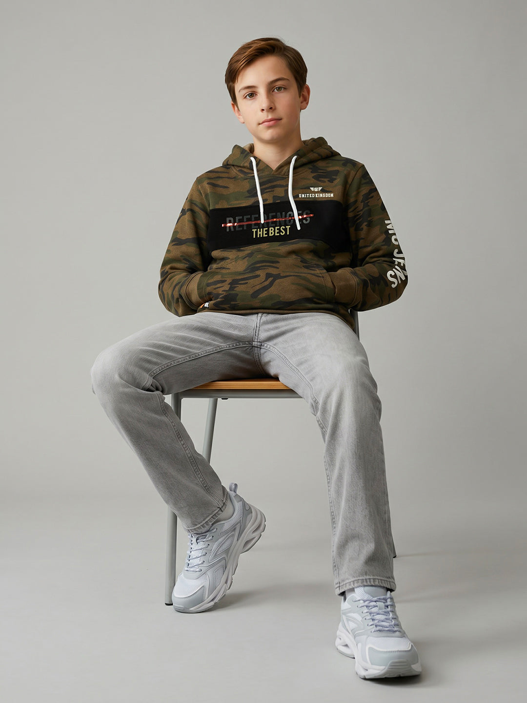 Boys Brown Camouflage Hooded Full Sleeve Sweatshirt