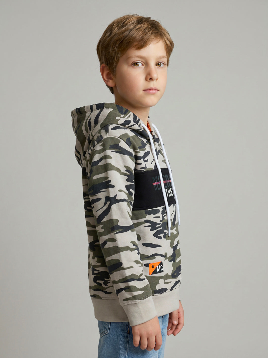 Boys Grey Camouflage Hooded Full Sleeve Sweatshirt