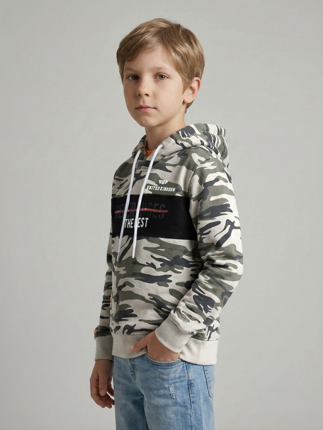 Boys Grey Camouflage Hooded Full Sleeve Sweatshirt