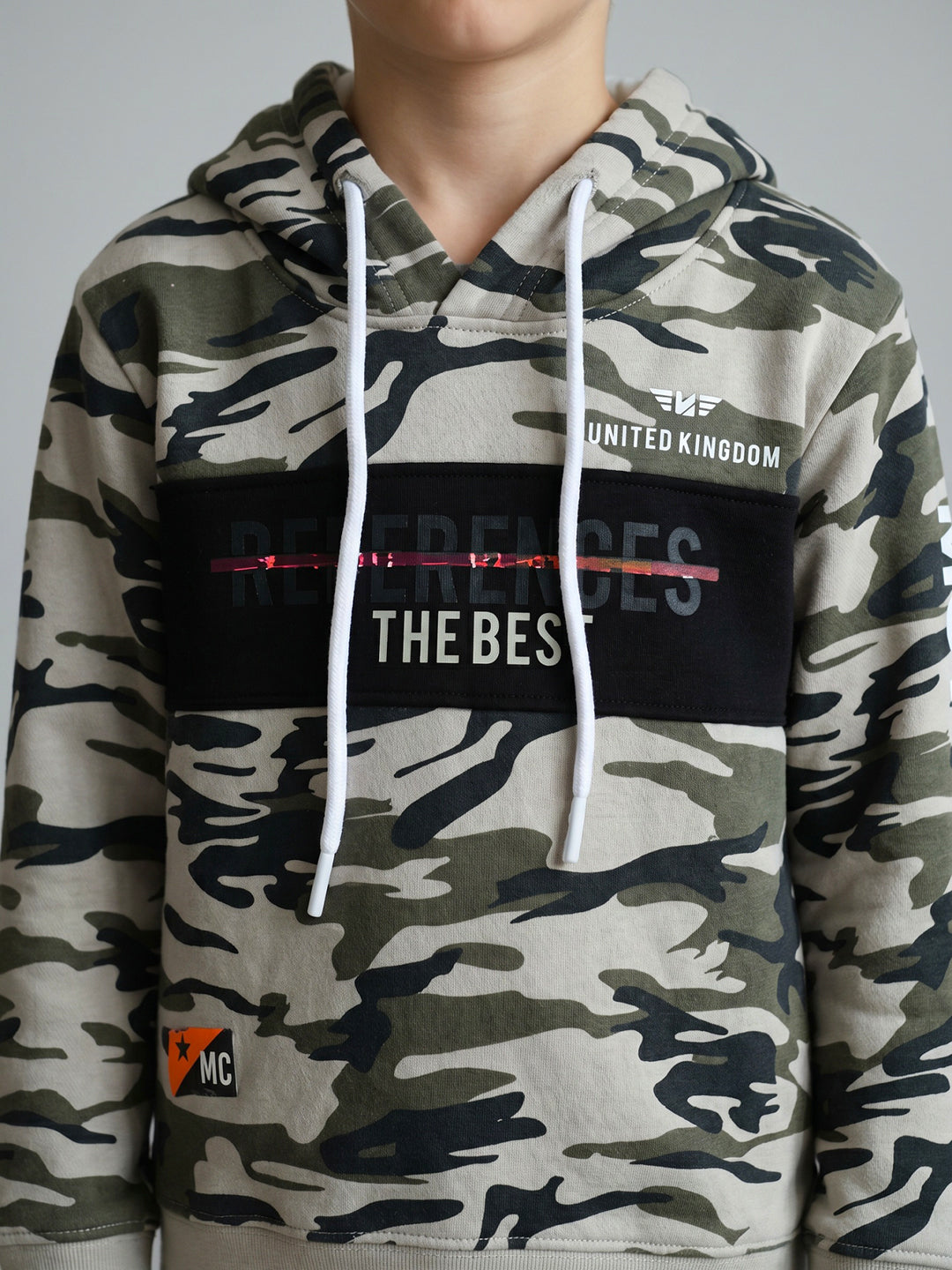 Boys Grey Camouflage Hooded Full Sleeve Sweatshirt