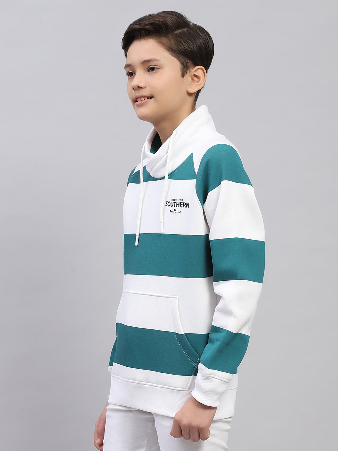 Boys Teal Blue Printed Fashion Neck Full Sleeve Sweatshirt