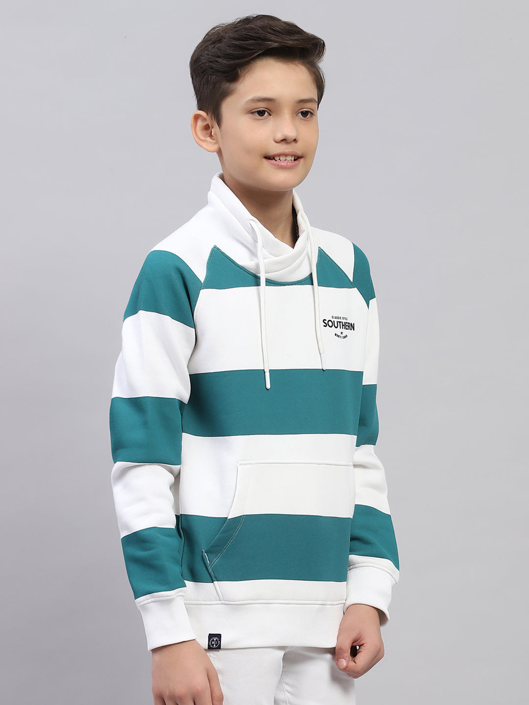 Boys Teal Blue Printed Fashion Neck Full Sleeve Sweatshirt