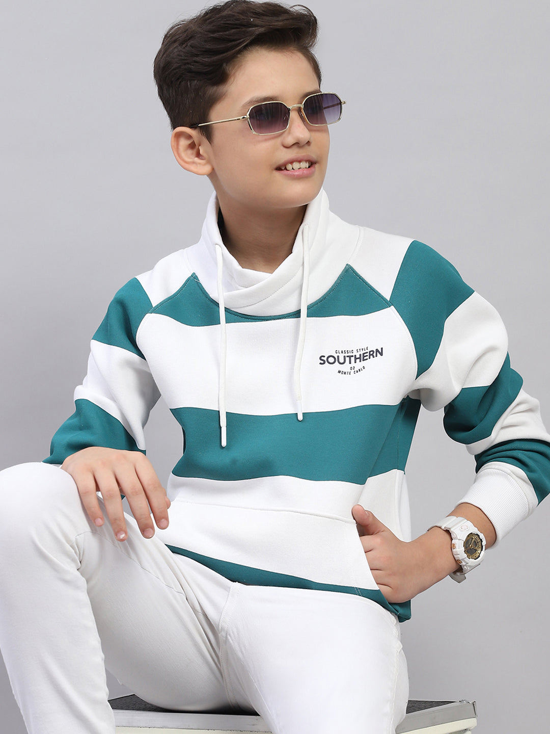 Boys Teal Blue Printed Fashion Neck Full Sleeve Sweatshirt