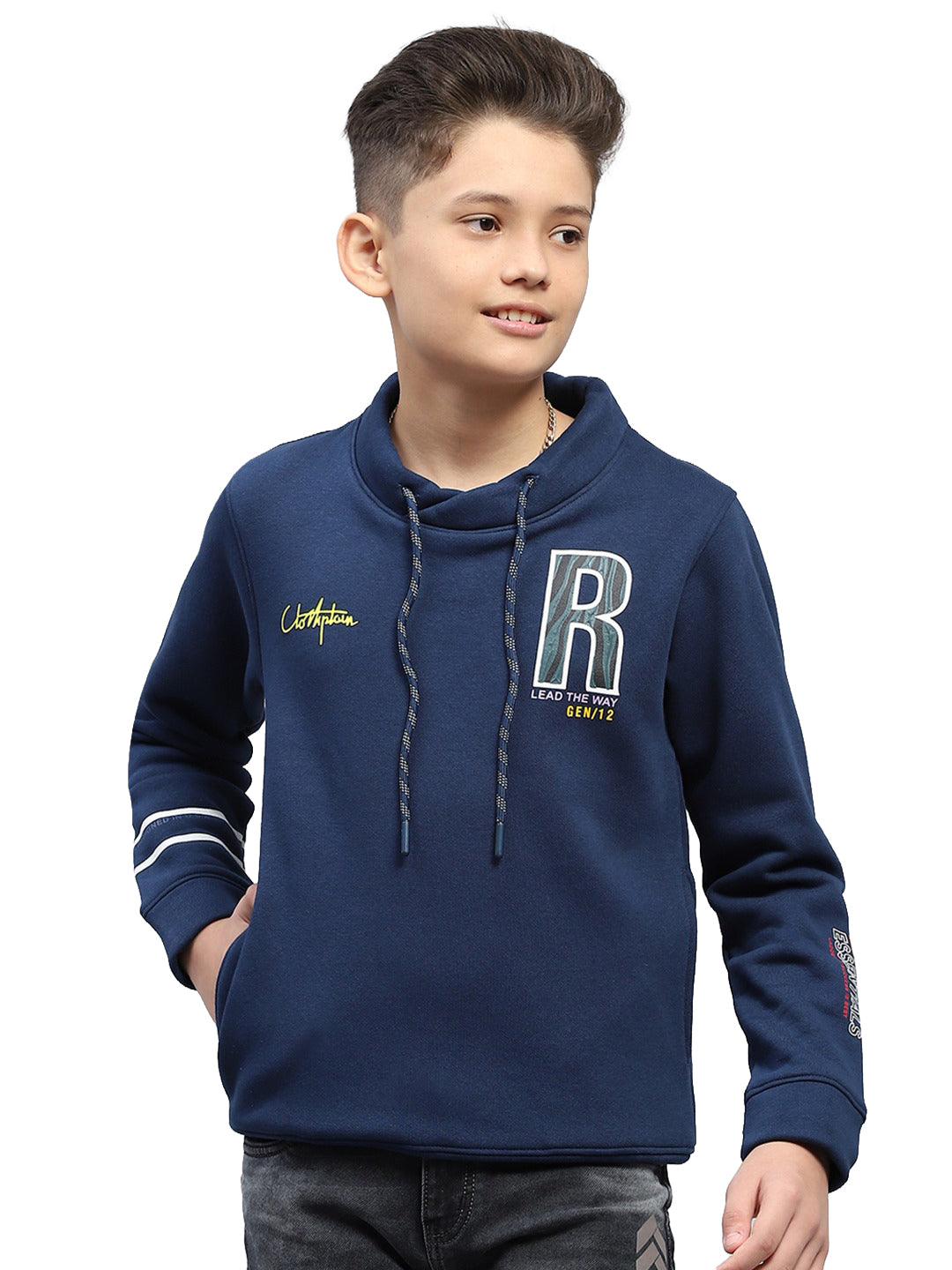 Boys Blue Printed Fashion Neck Full Sleeve Sweatshirt