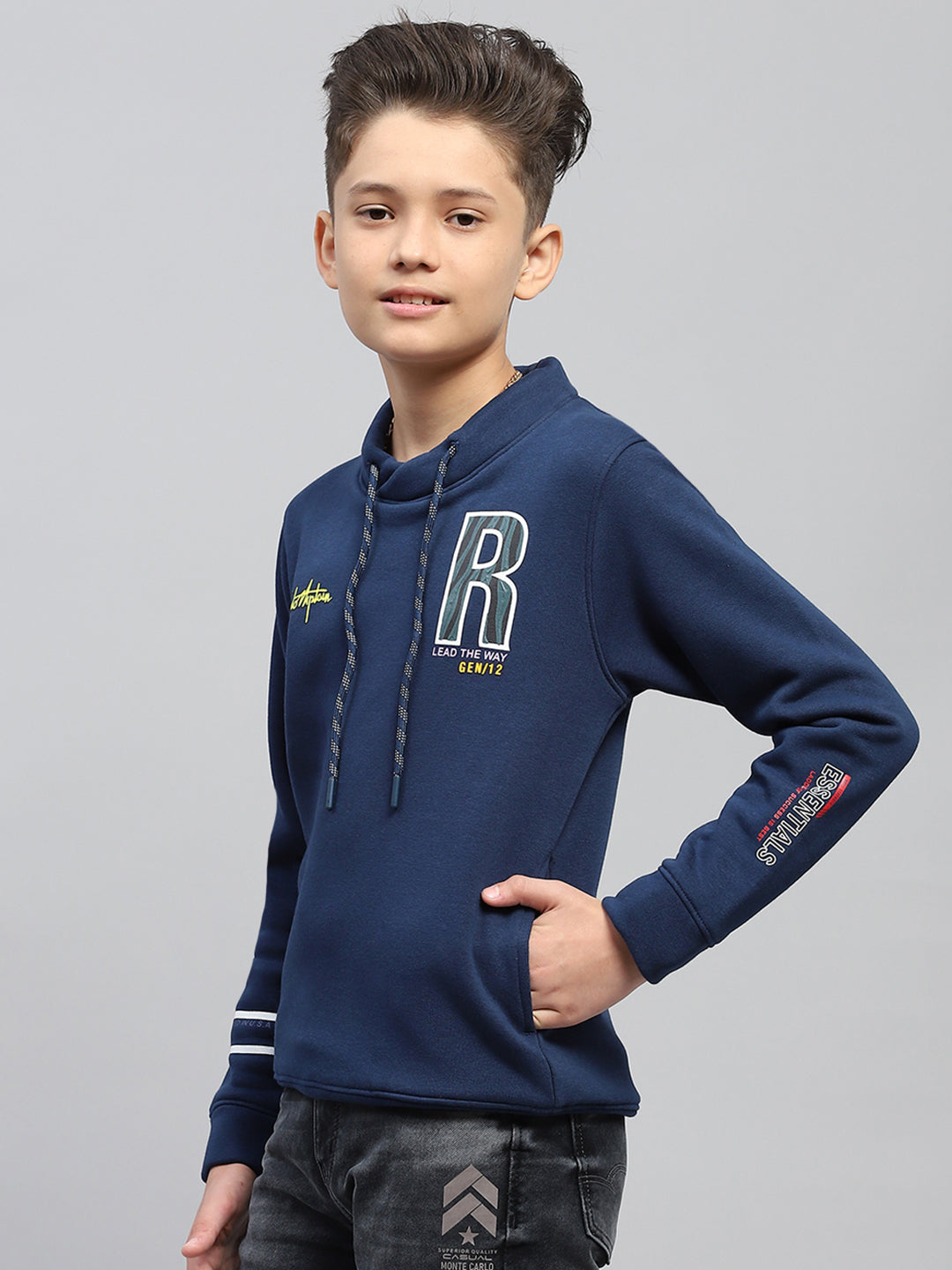 Boys Blue Printed Fashion Neck Full Sleeve Sweatshirt