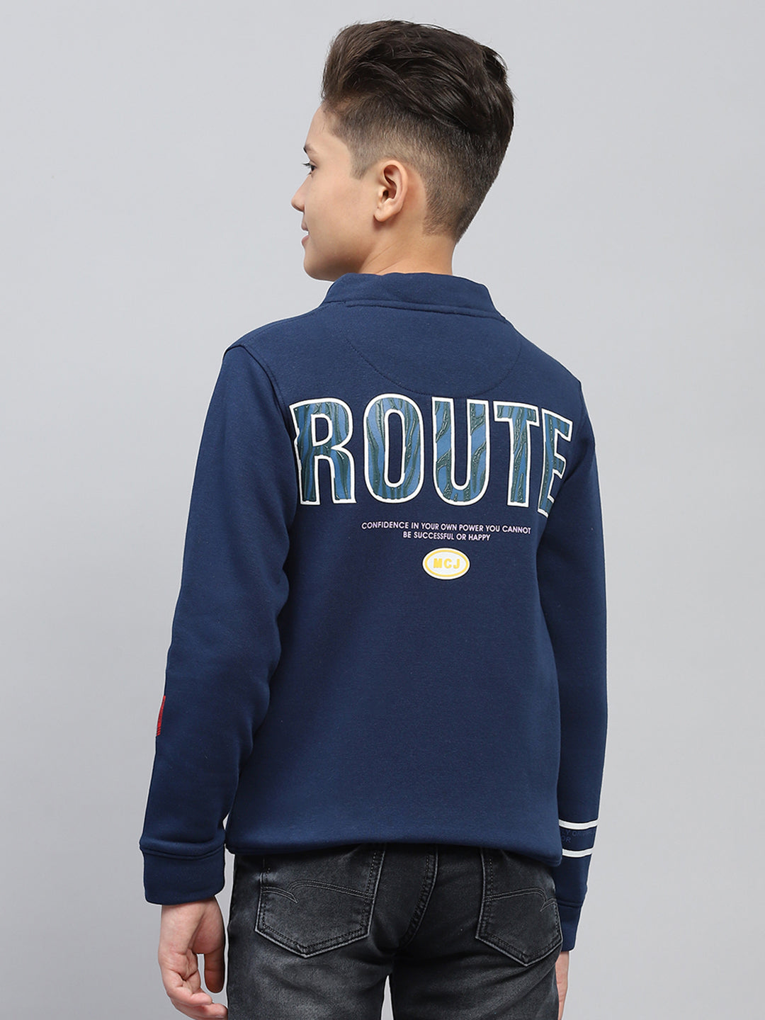 Boys Blue Printed Fashion Neck Full Sleeve Sweatshirt