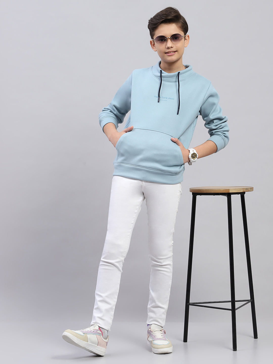 Boys Blue Printed Fashion Neck Full Sleeve Sweatshirt