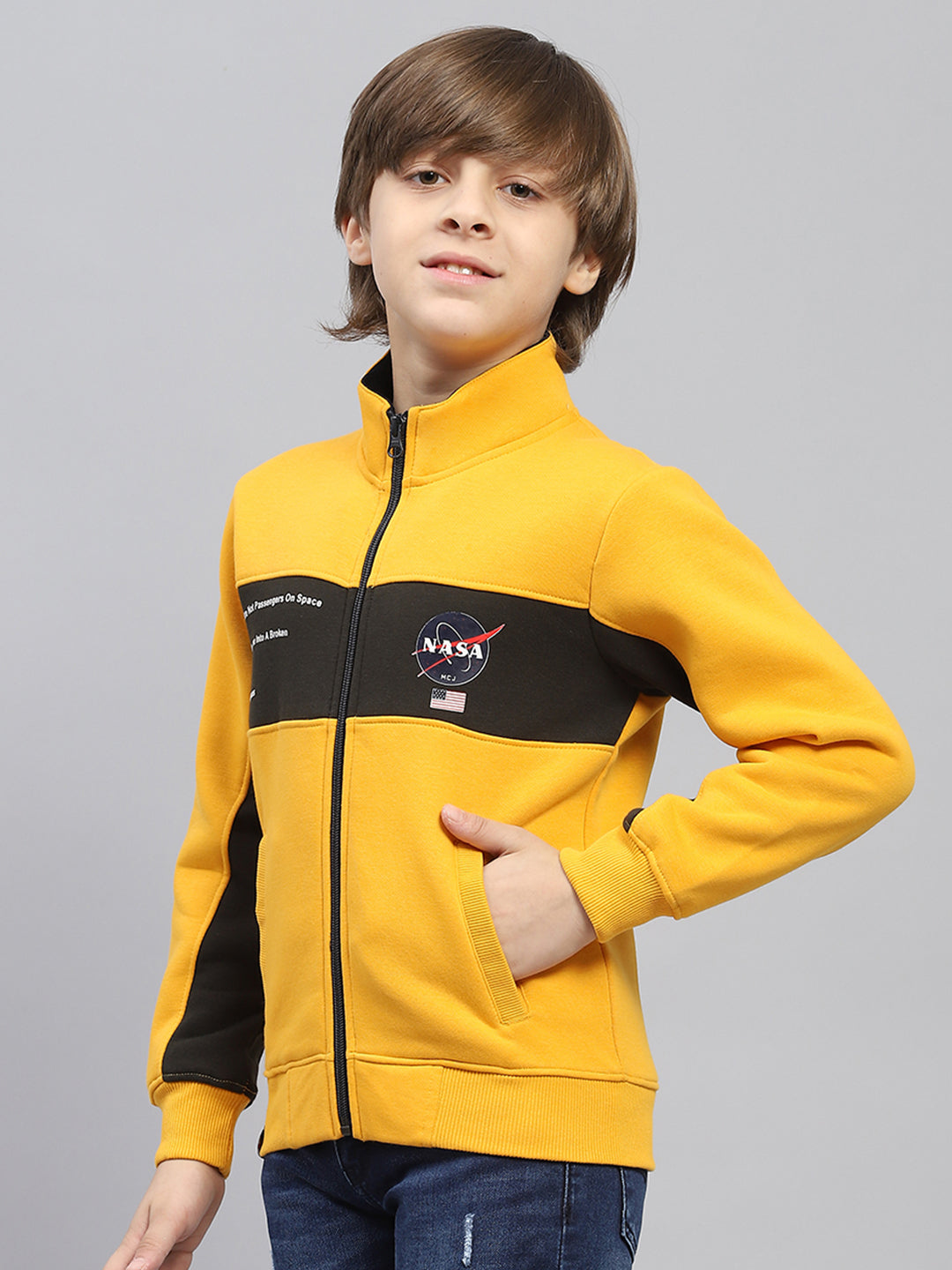 Boys Yellow Printed Mock Neck Full Sleeve Sweatshirt