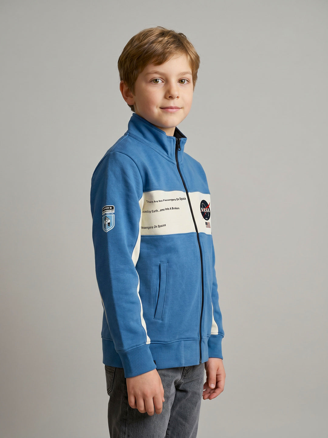 Boys Blue Typography Print Turtle Neck Full Sleeve Sweatshirt