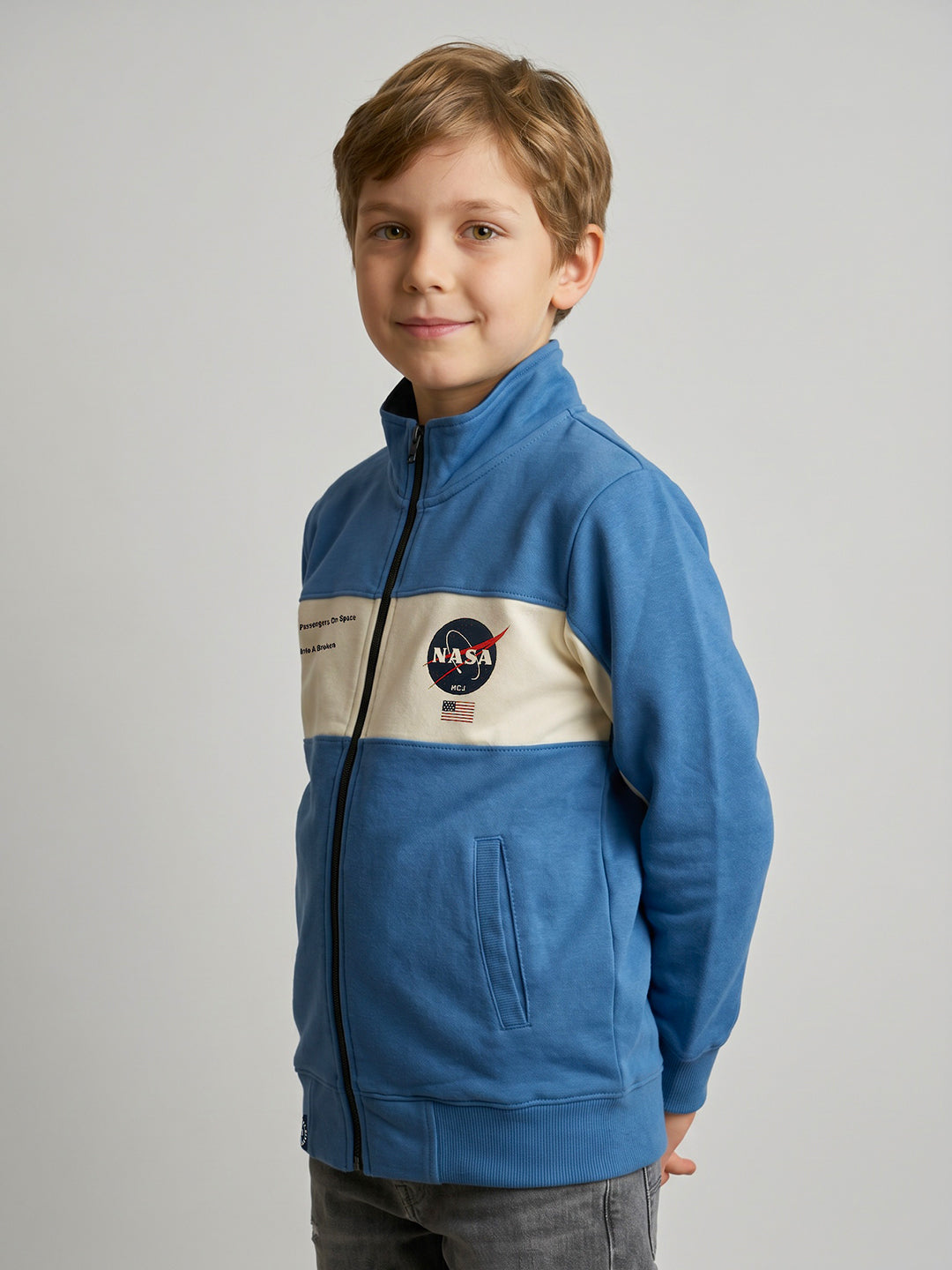 Boys Blue Typography Print Turtle Neck Full Sleeve Sweatshirt