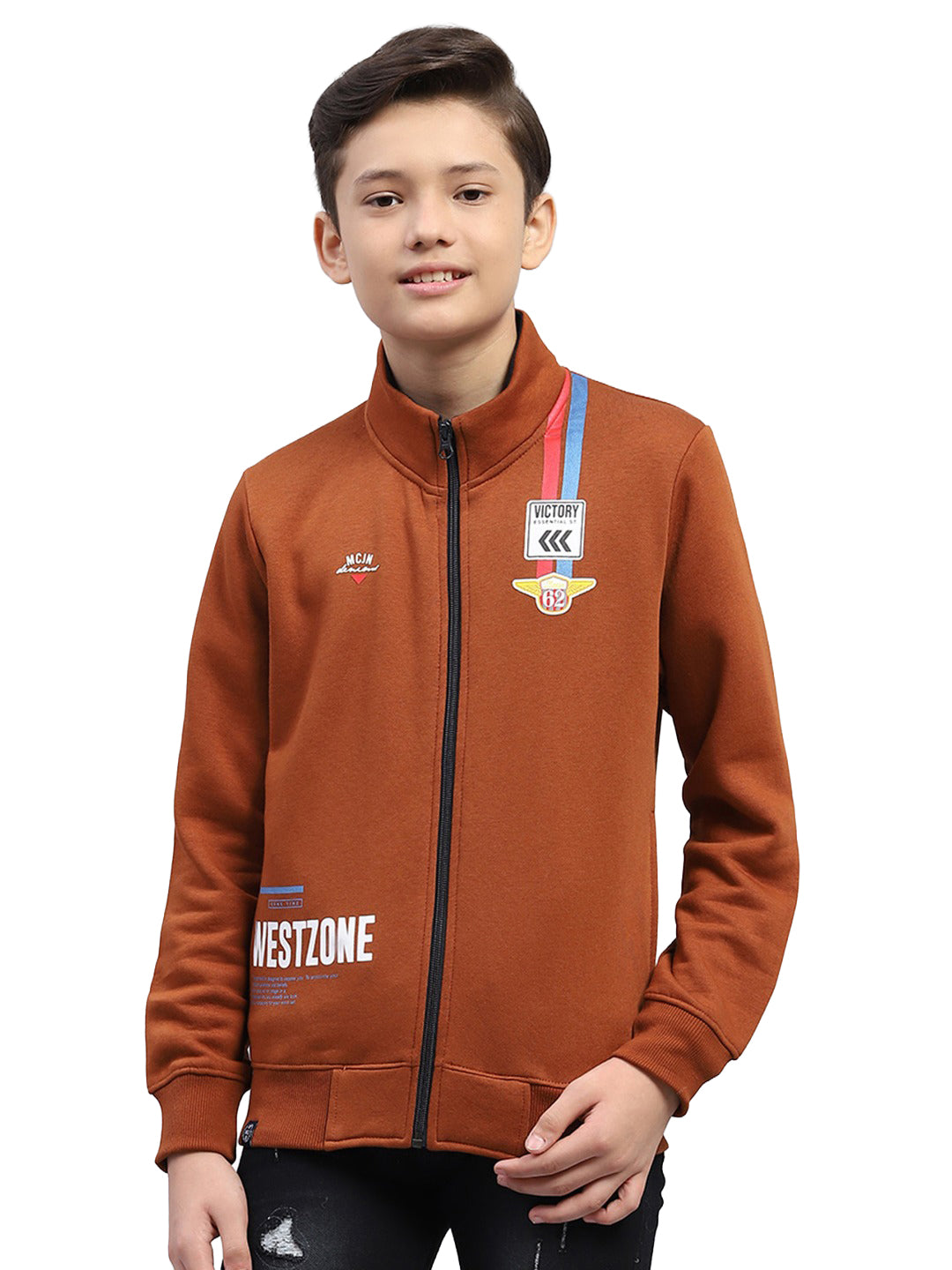 Boys Brown Printed Turtle Neck Full Sleeve Sweatshirt