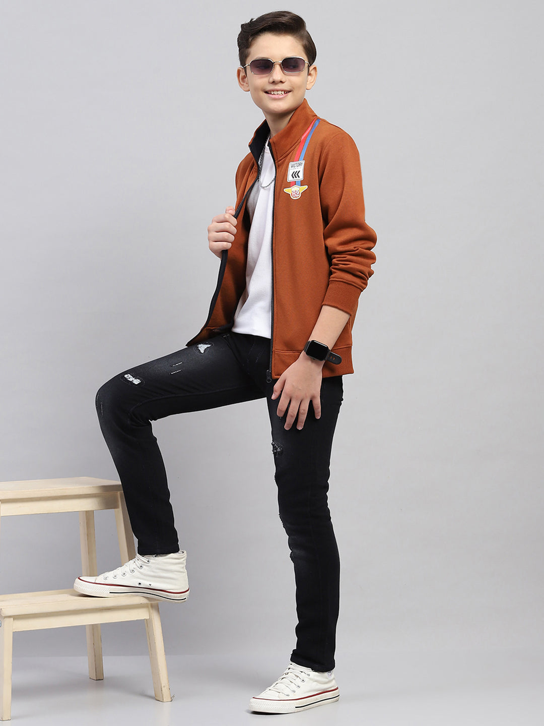 Boys Brown Printed Turtle Neck Full Sleeve Sweatshirt