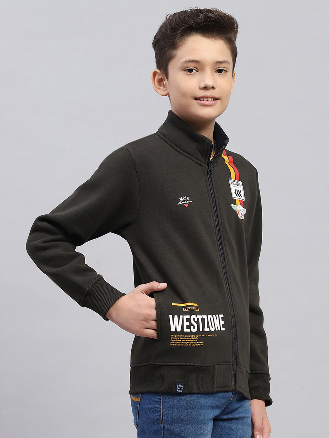Boys Olive Printed Turtle Neck Full Sleeve Sweatshirt