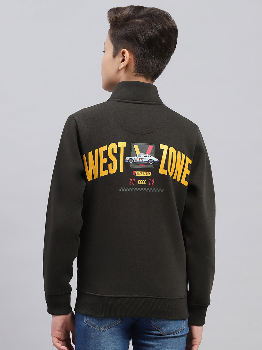 Boys Olive Printed Turtle Neck Full Sleeve Sweatshirt