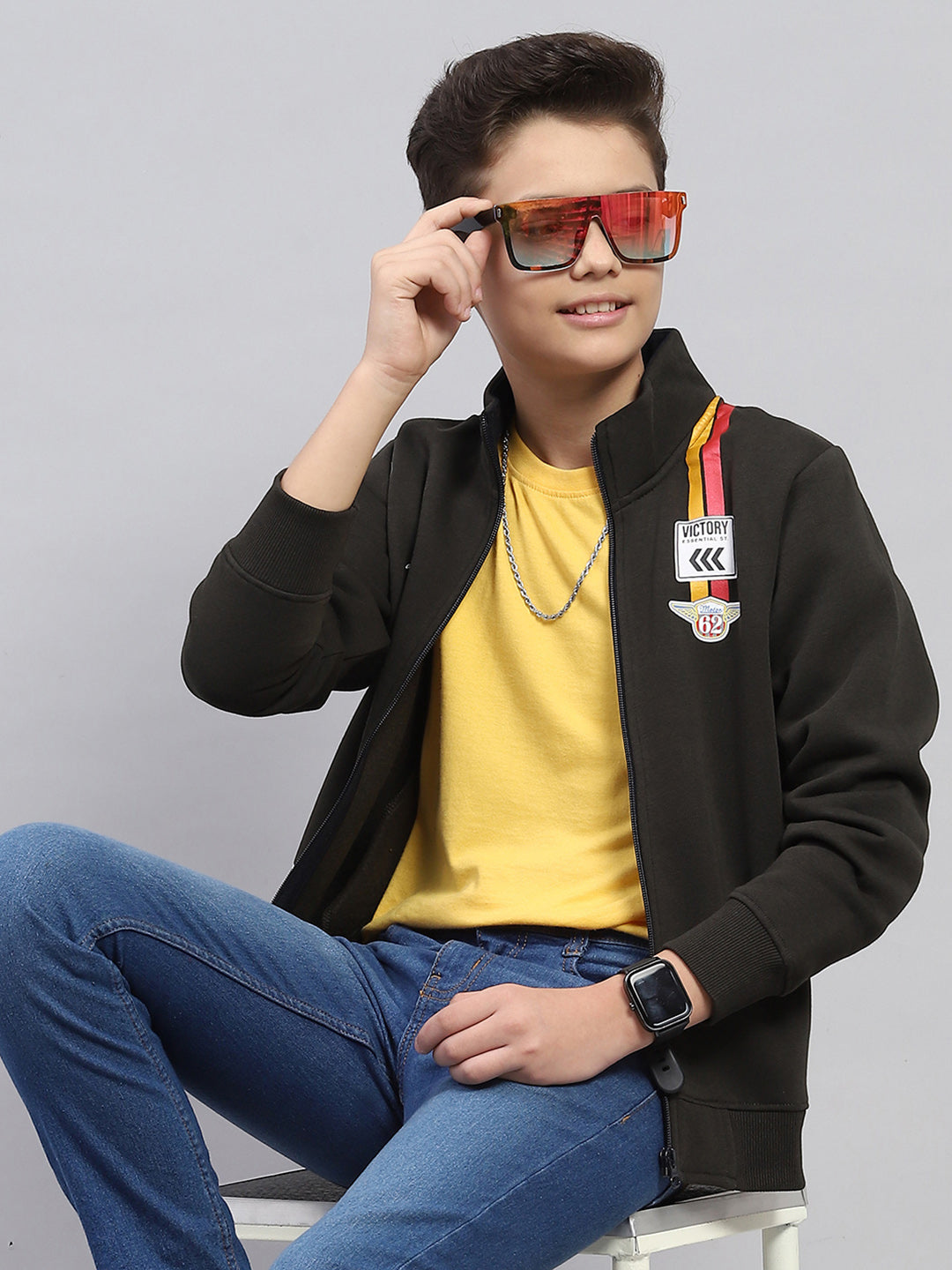 Boys Olive Printed Turtle Neck Full Sleeve Sweatshirt