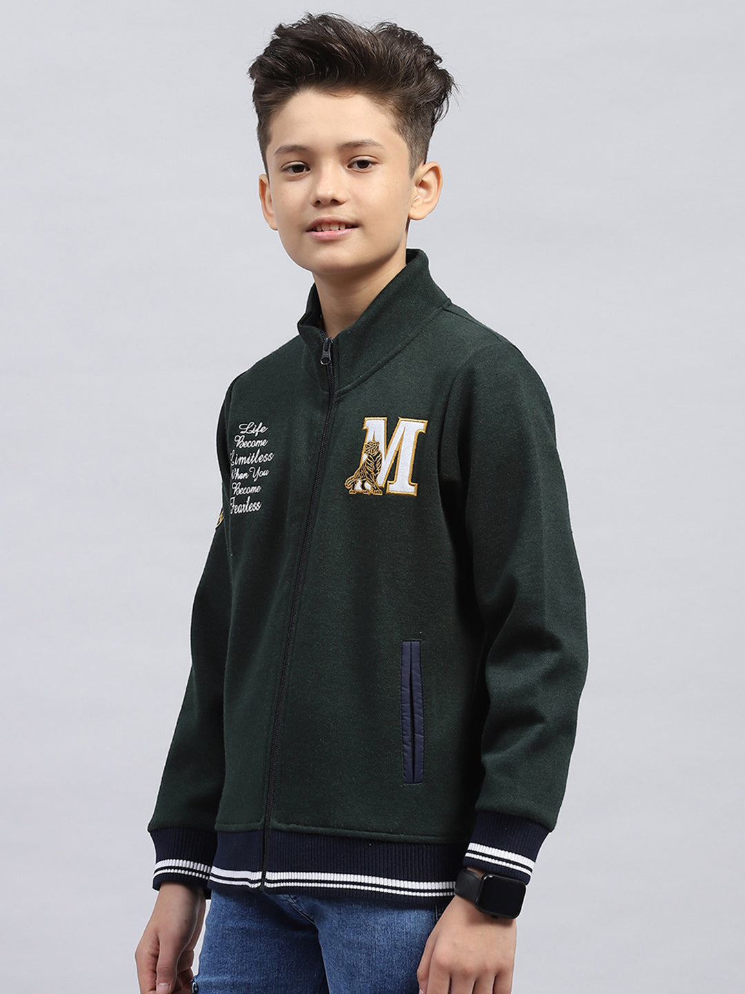 Boys Green Embroidered Turtle Neck Full Sleeve Sweatshirt