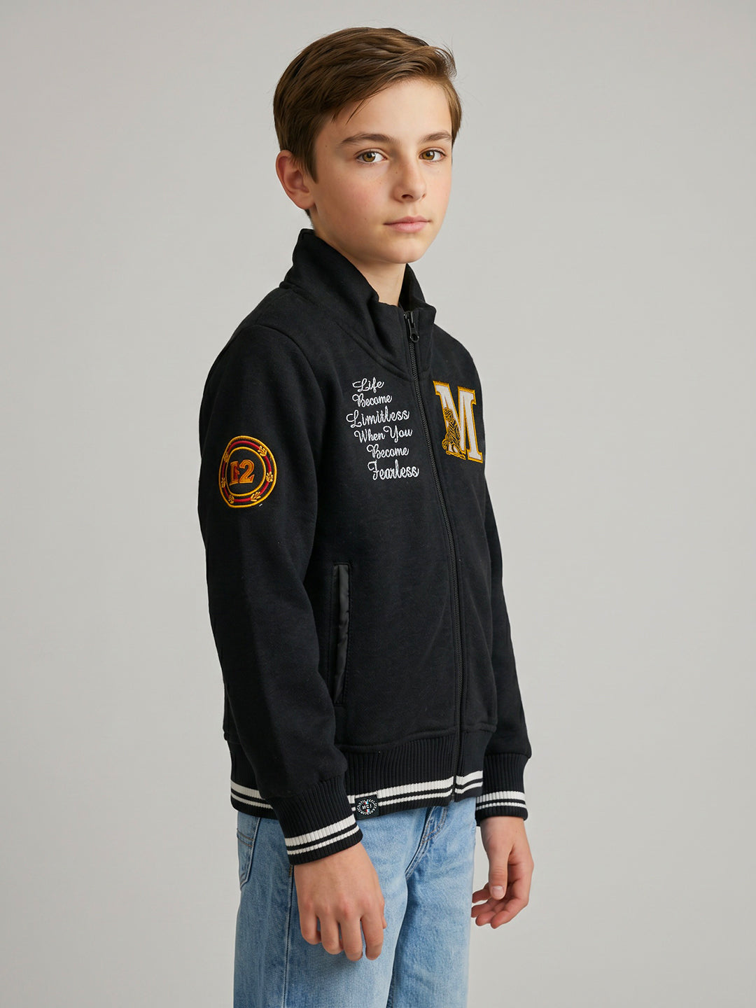 Boys Black Embroidered Turtle Neck Full Sleeve Sweatshirt