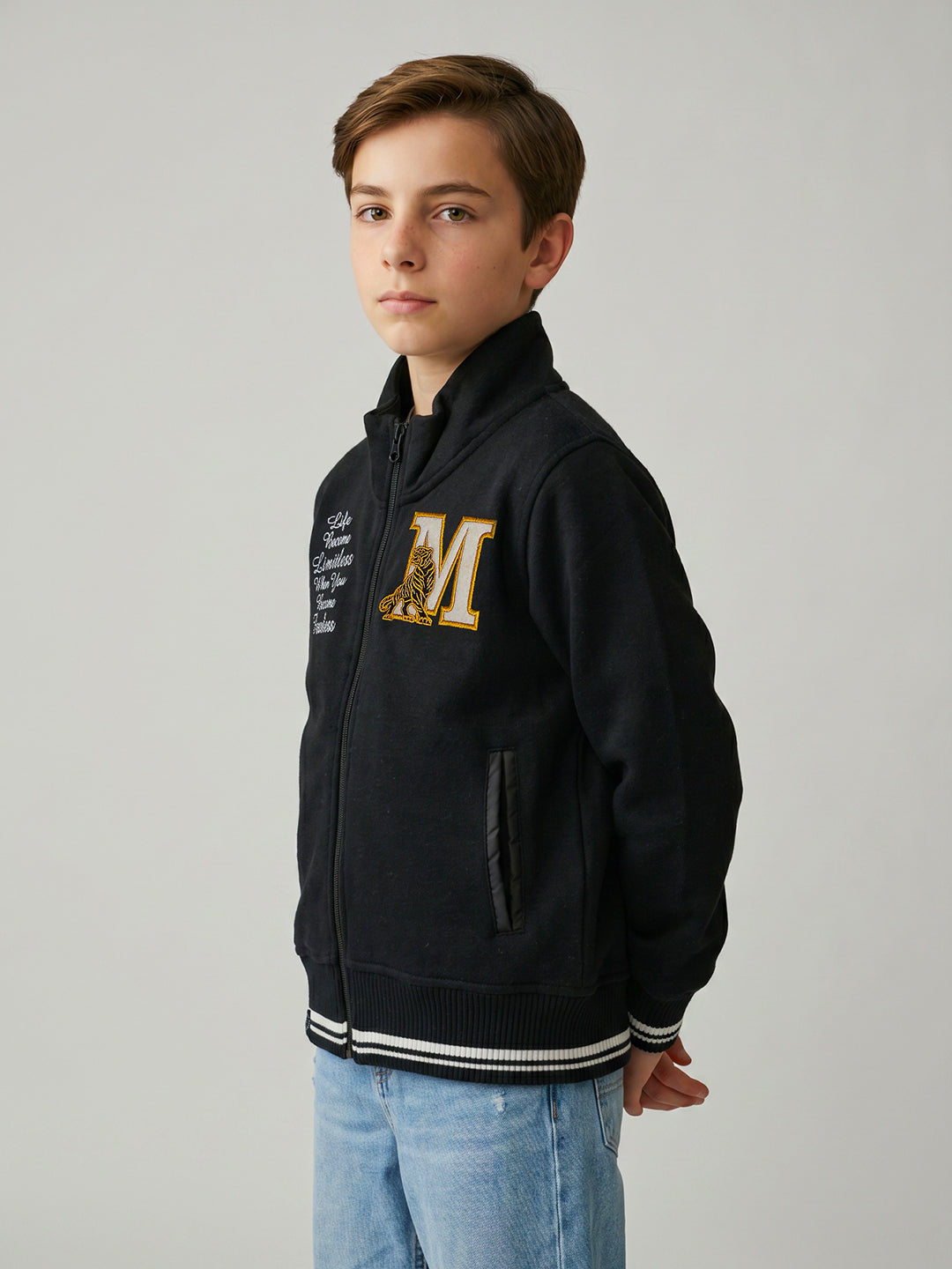 Boys Black Embroidered Turtle Neck Full Sleeve Sweatshirt