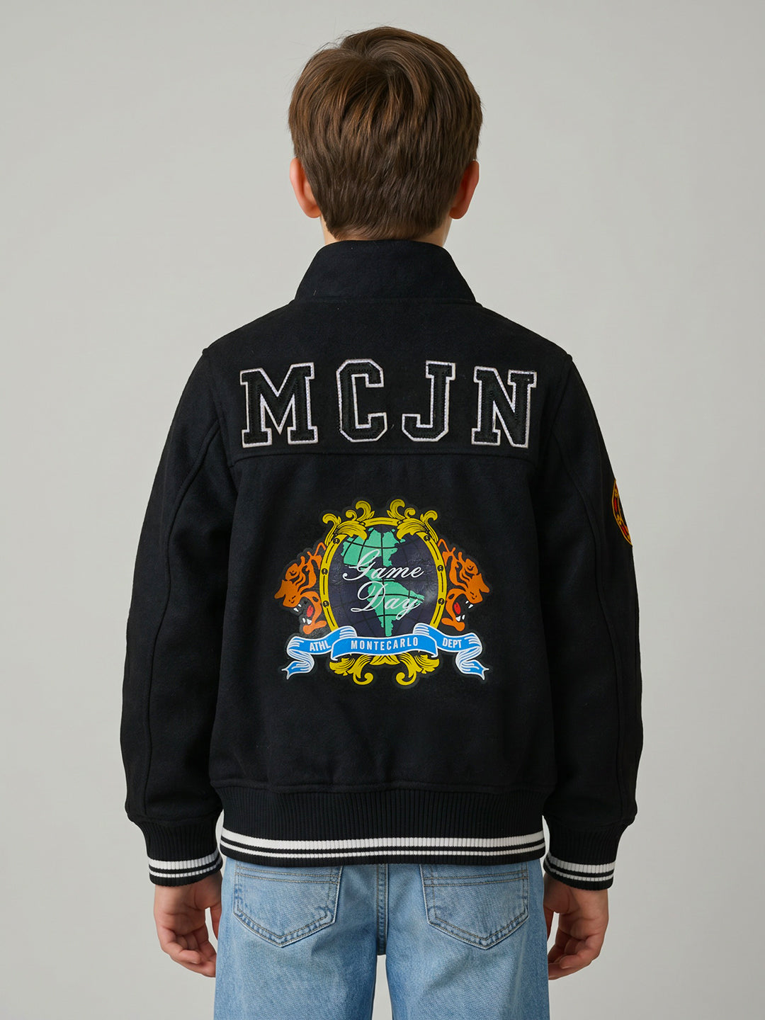 Boys Black Embroidered Turtle Neck Full Sleeve Sweatshirt