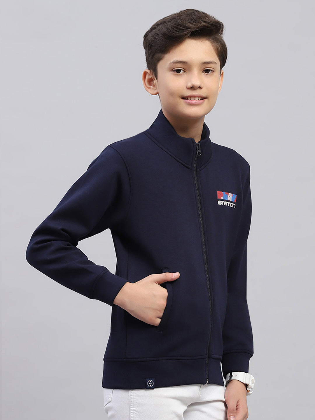 Boys Navy Blue Printed Turtle Neck Full Sleeve Sweatshirt