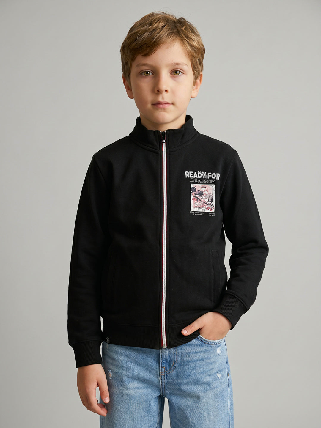 Boys Black Back Printed Turtle Neck Full Sleeve Sweatshirt