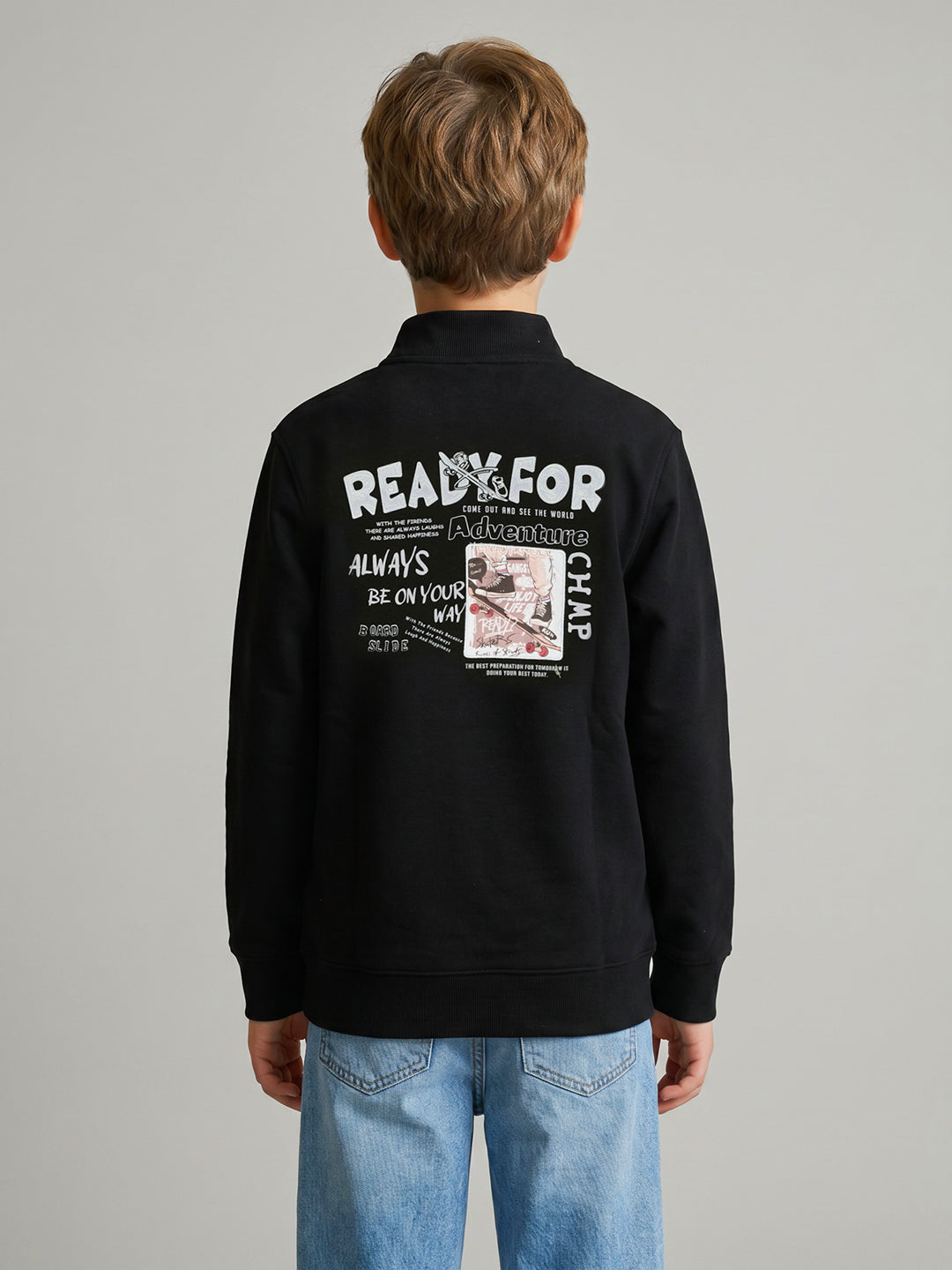 Boys Black Back Printed Turtle Neck Full Sleeve Sweatshirt