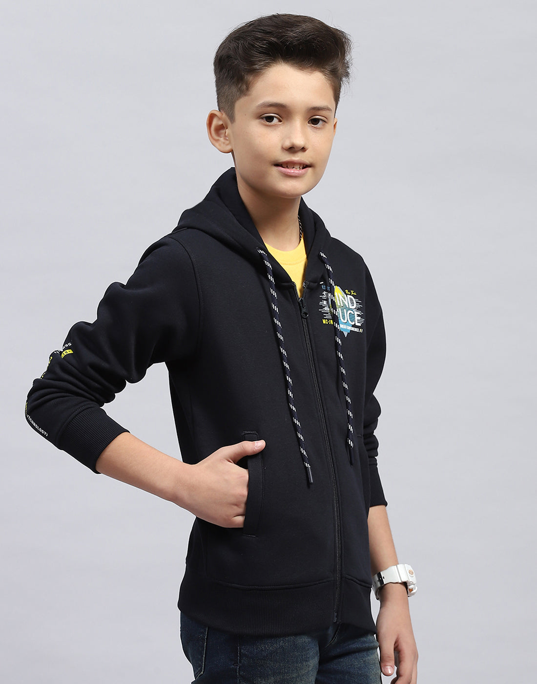 Boys Navy Blue Printed Hooded Full Sleeve Sweatshirt