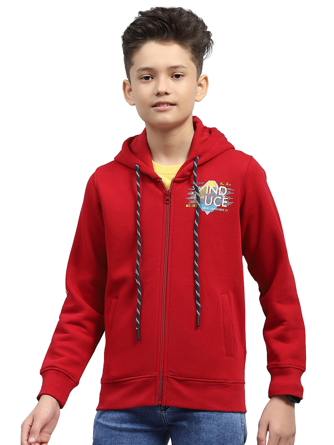 Boys Maroon Printed Hooded Full Sleeve Sweatshirt