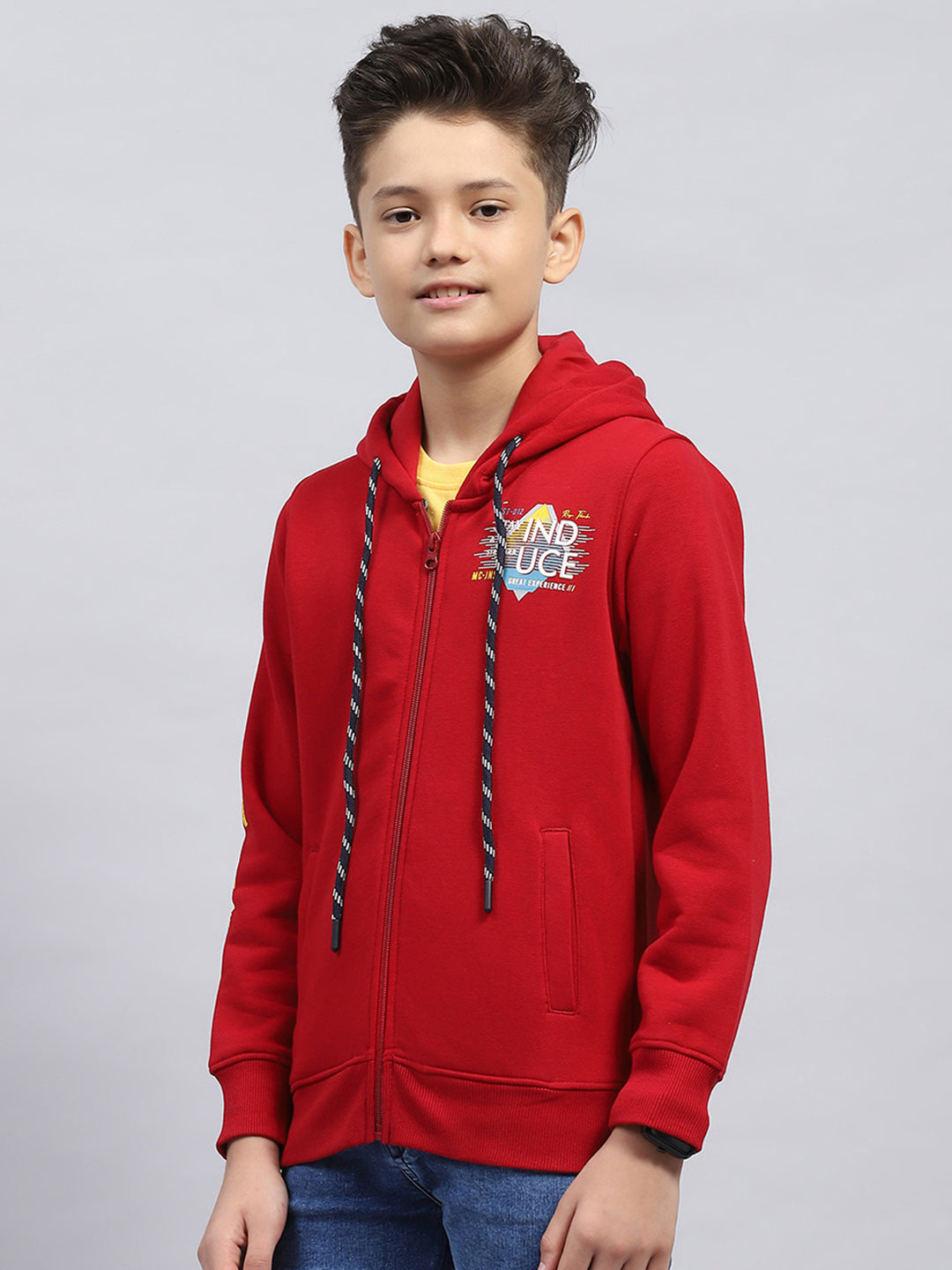 Boys Maroon Printed Hooded Full Sleeve Sweatshirt