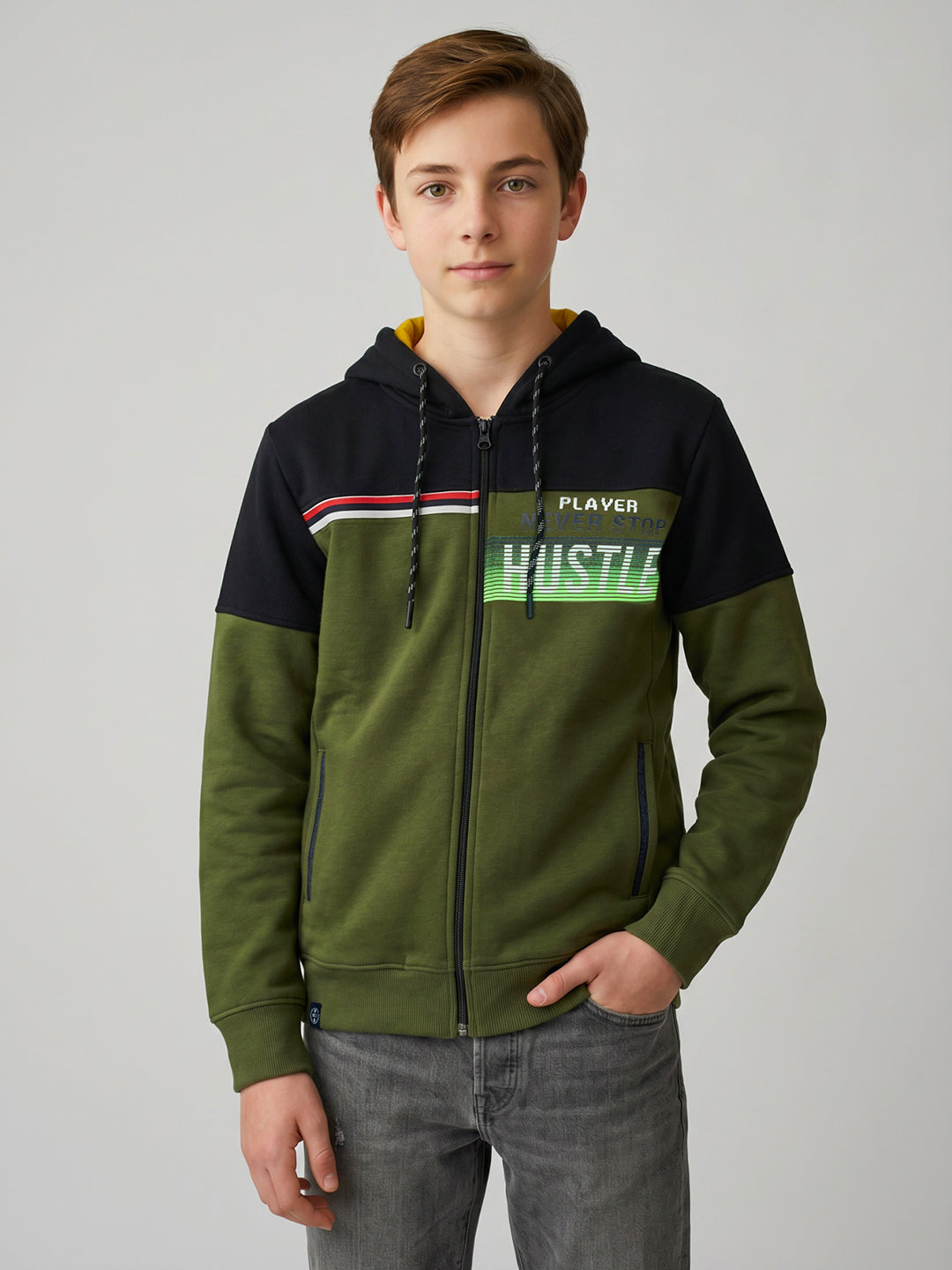 Boys Green Printed Hooded Full Sleeve Sweatshirt