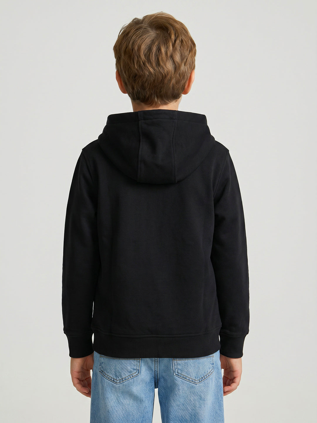Boys Black Printed Hooded Full Sleeve Sweatshirt