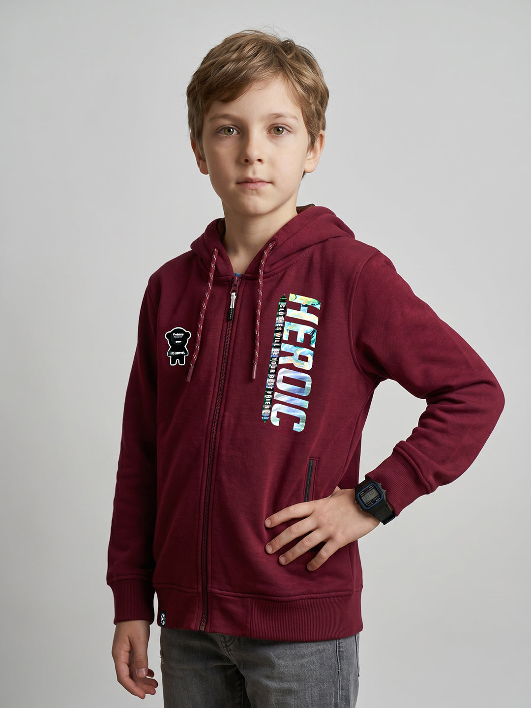 Boys Maroon Printed Hooded Full Sleeve Sweatshirt