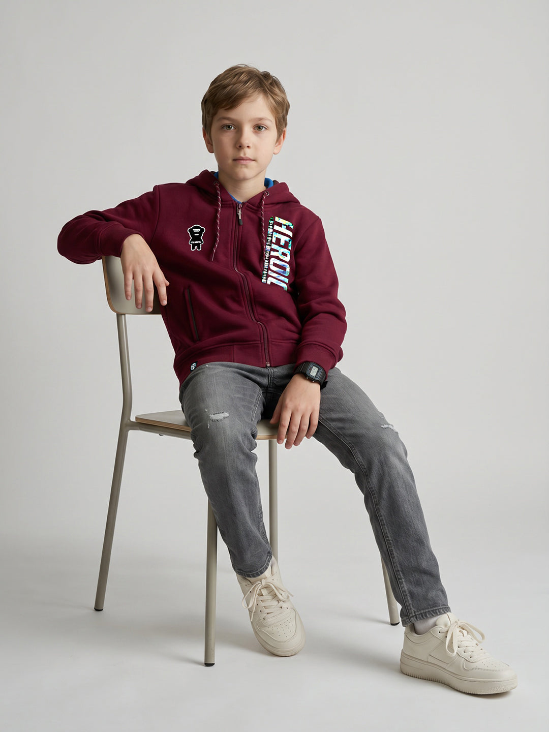 Boys Maroon Printed Hooded Full Sleeve Sweatshirt