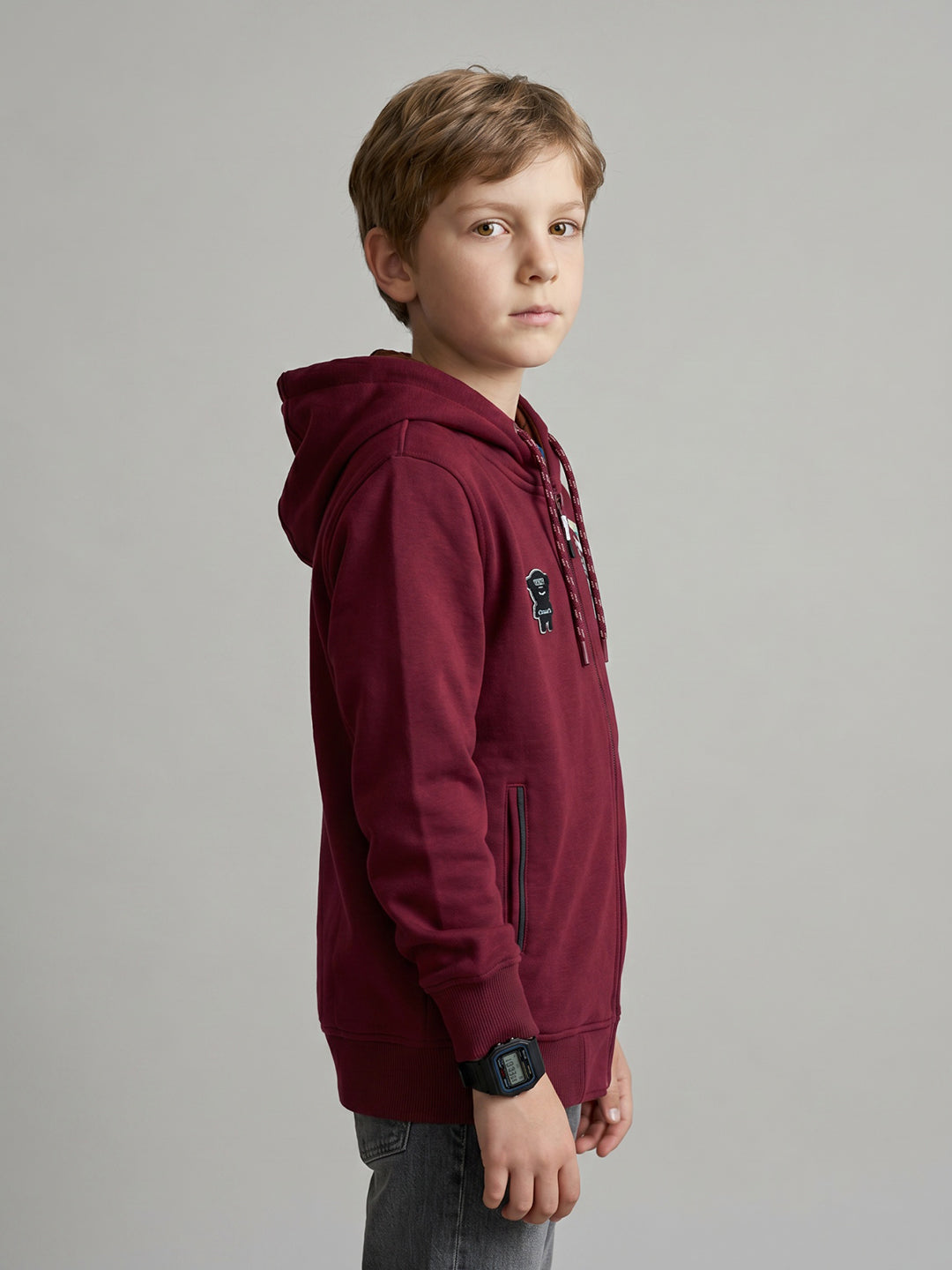 Boys Maroon Printed Hooded Full Sleeve Sweatshirt