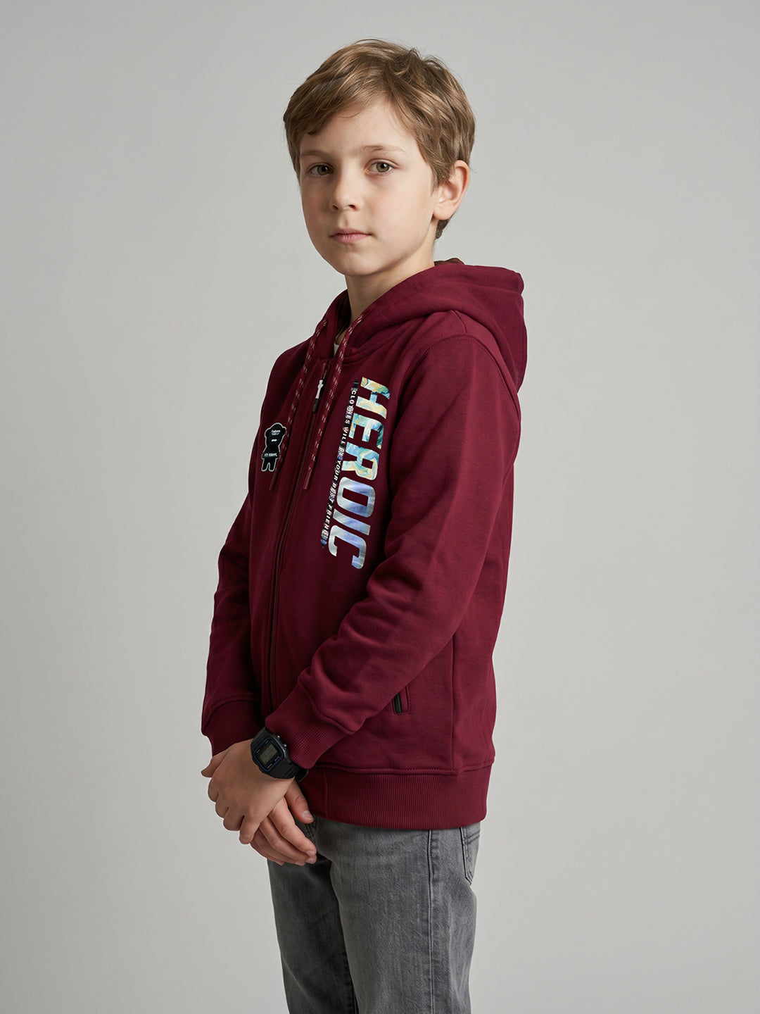 Boys Maroon Printed Hooded Full Sleeve Sweatshirt