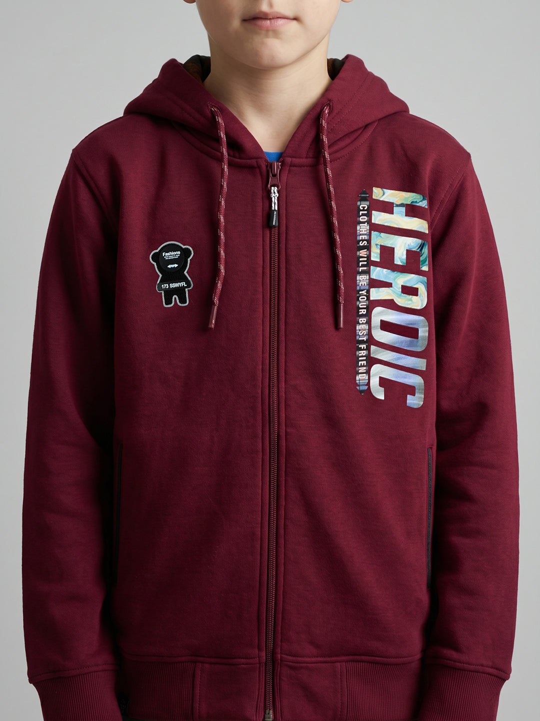 Boys Maroon Printed Hooded Full Sleeve Sweatshirt