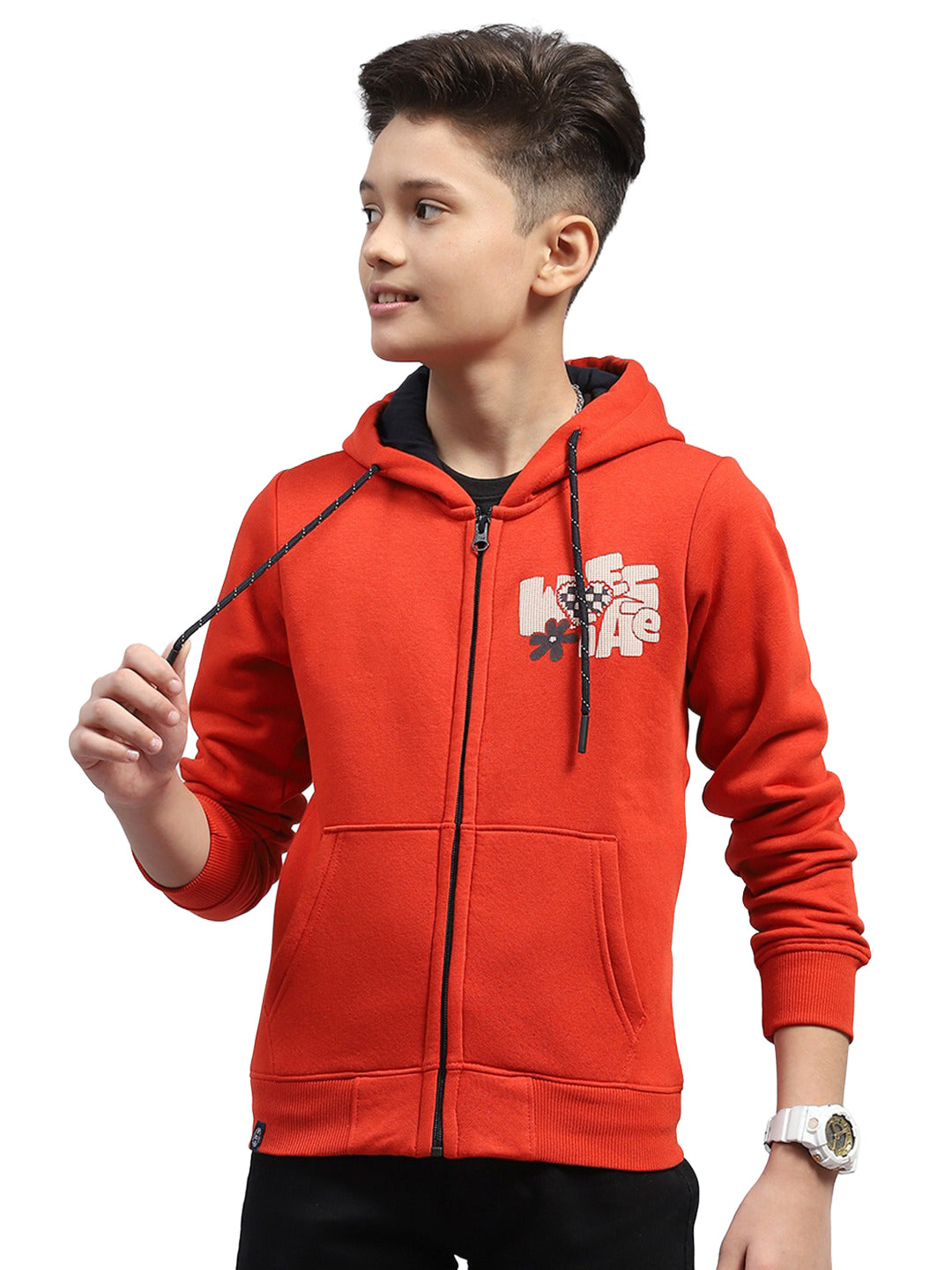 Boys Orange Printed Hooded Full Sleeve Sweatshirt