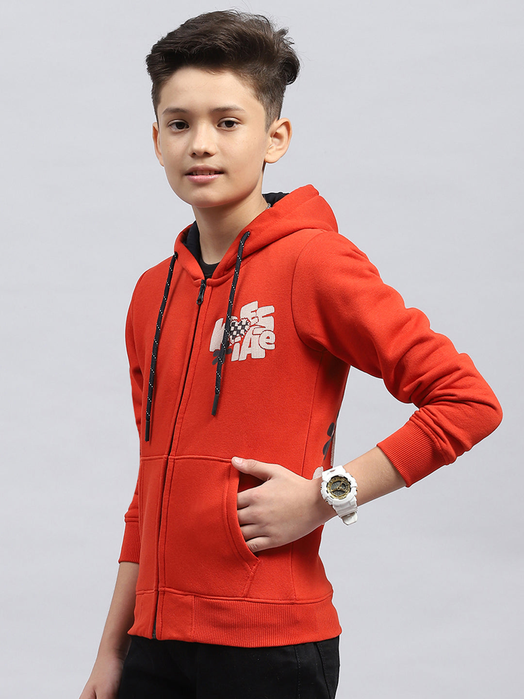 Boys Orange Printed Hooded Full Sleeve Sweatshirt