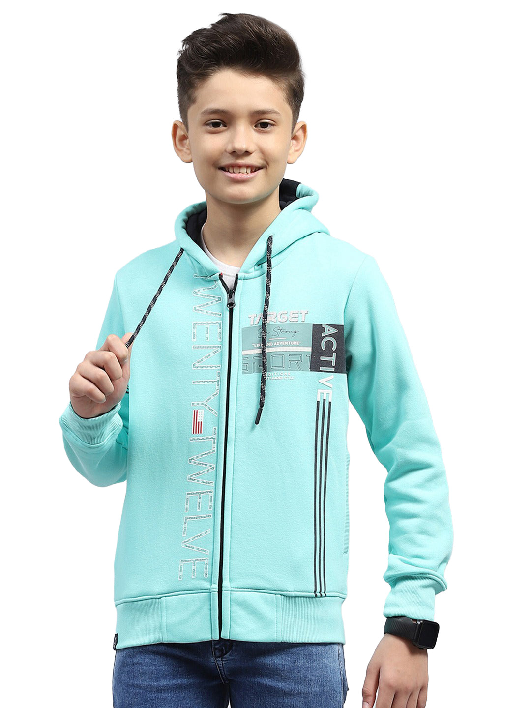 Boys Turquoise Blue Printed Hooded Full Sleeve Sweatshirt