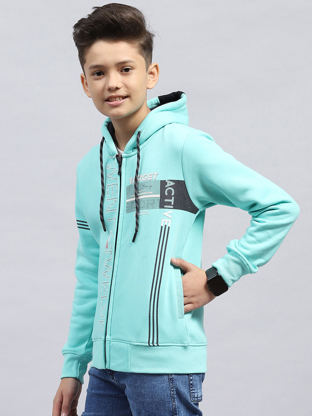 Boys Turquoise Blue Printed Hooded Full Sleeve Sweatshirt